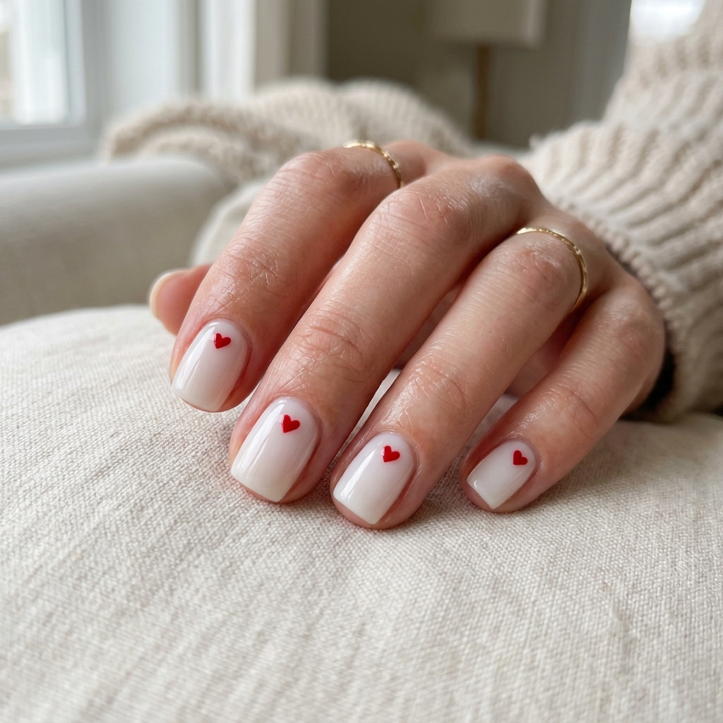 Unhas de Gel Design Milky Red Hearts