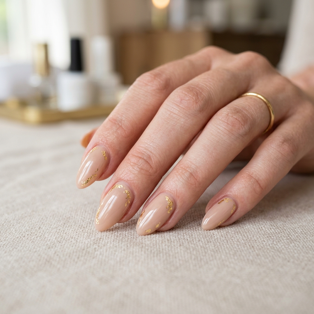 Unhas de Gel Design Nude Gold Foil
